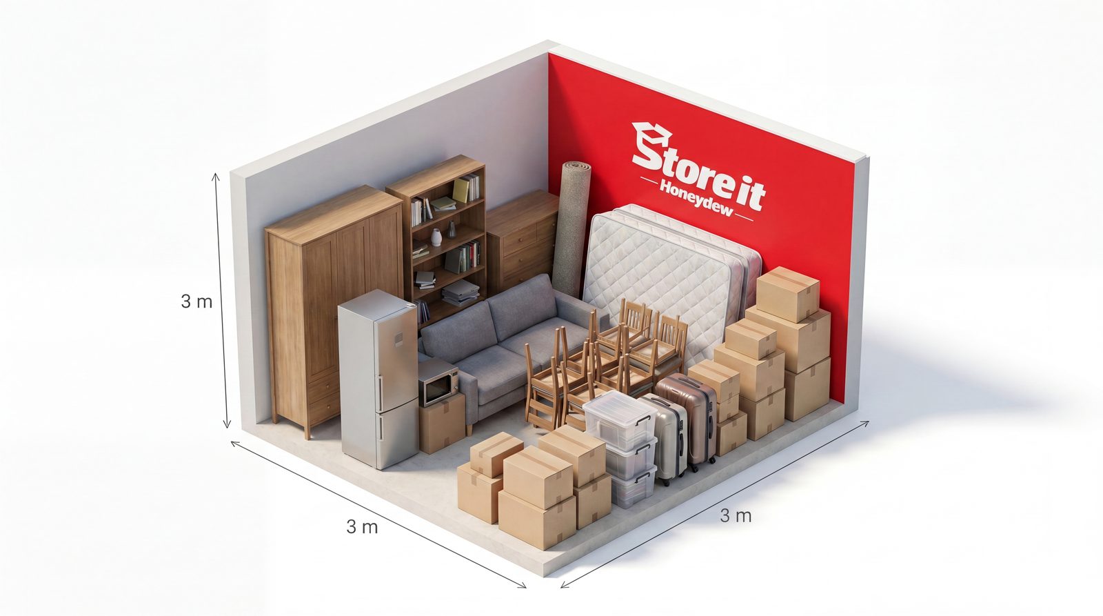 3 by 3 metre Store It Honeydew storage unit packed with a one-bedroom move
