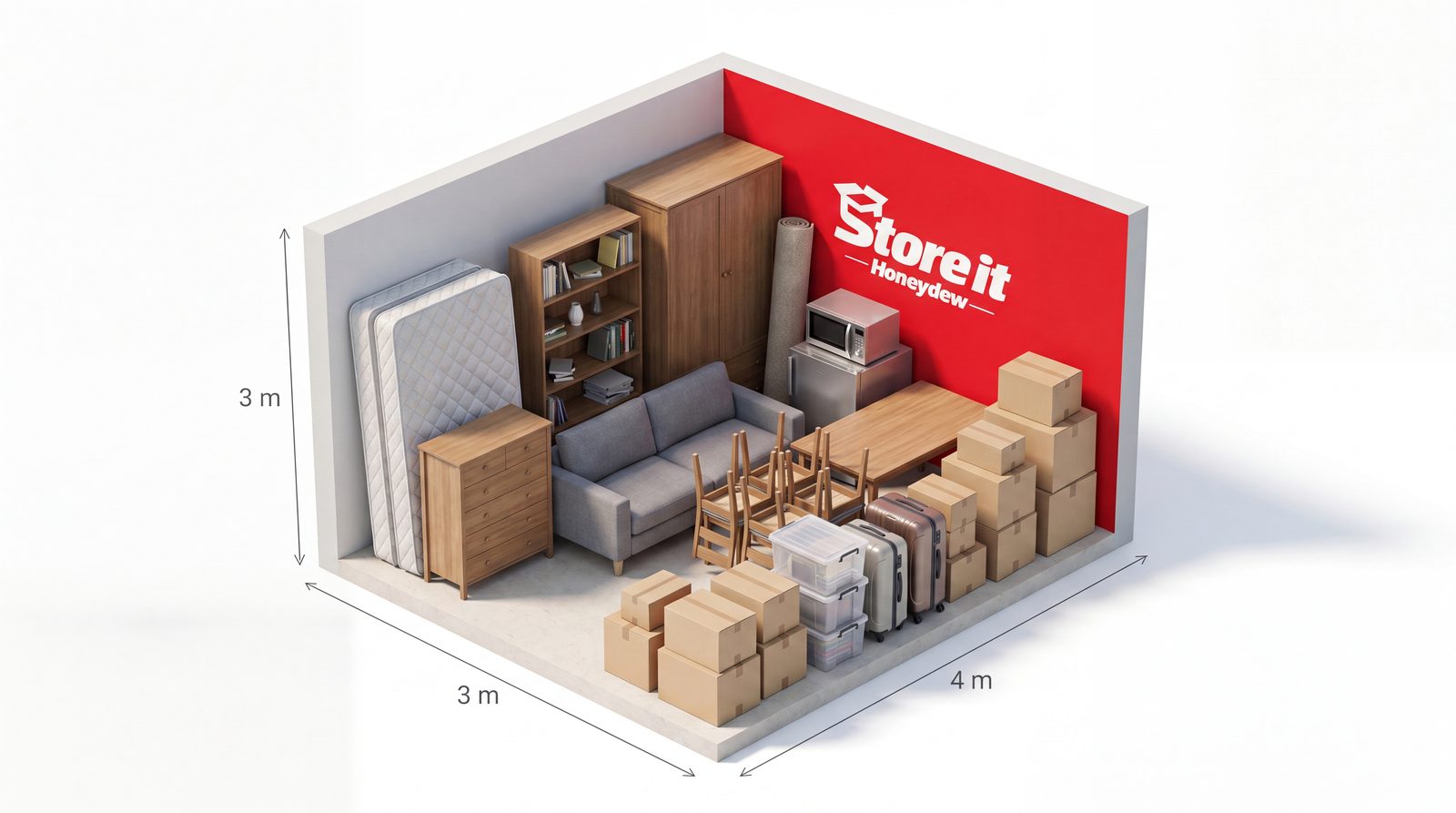4 by 3 metre Store It Honeydew storage unit packed with a two-bedroom home