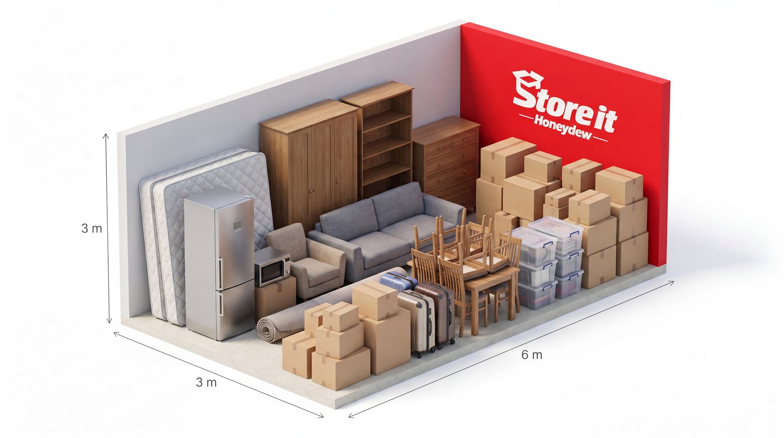 6 by 3 metre Store It Honeydew storage unit packed with a three-bedroom home